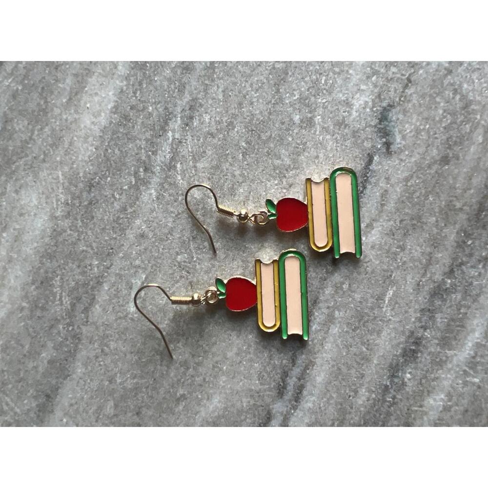 Cute Apple and Books Themed Enamel Dangle Earrings